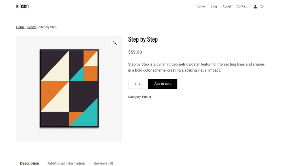 Fiche produit d'une boutique en ligne WooCommerce, avec prix et ajout au panier