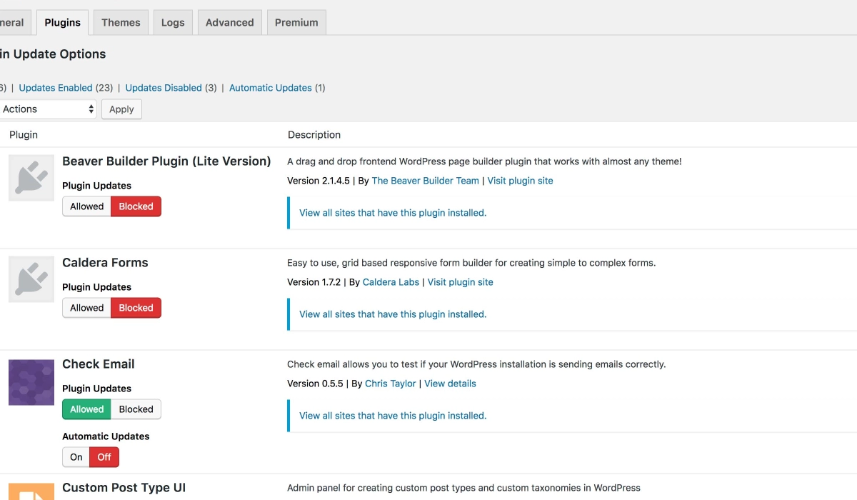 Écran de gestion des mises à jour WordPress, extension par extension