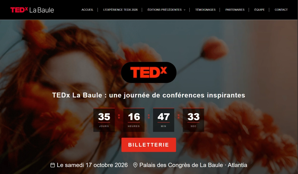 Page d'accueil du site TEDx La Baule, réalisé par Arthur Manneville
