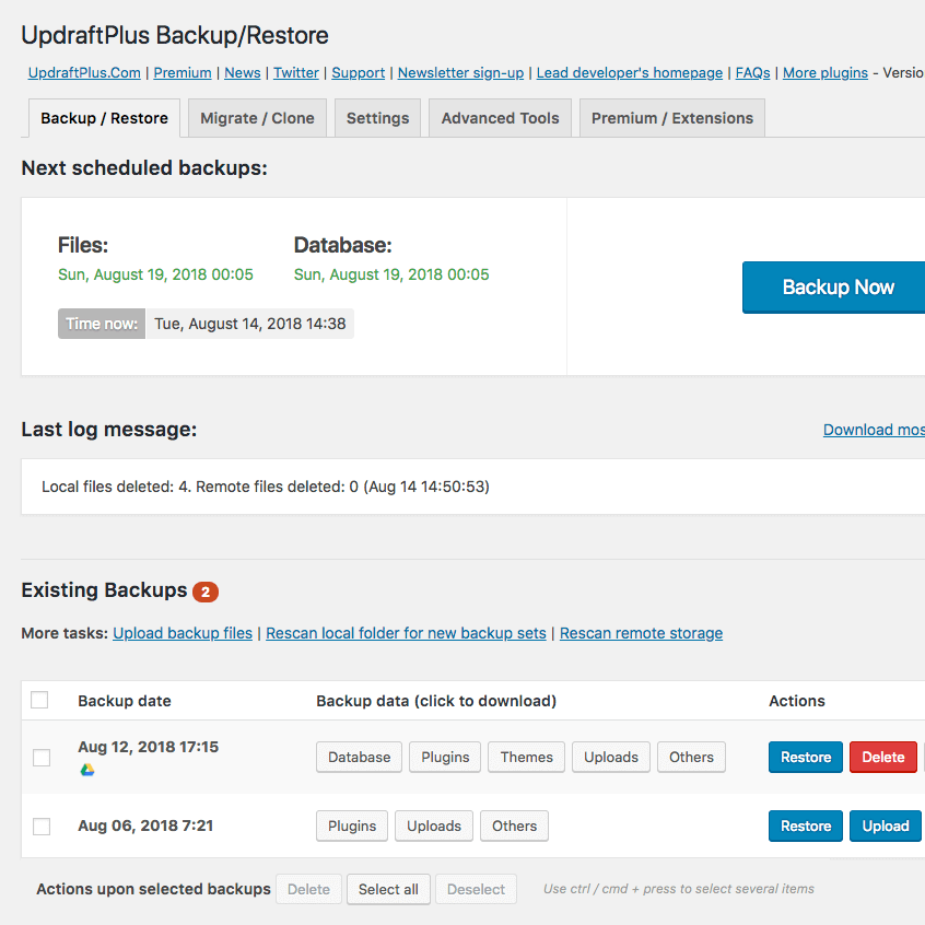 Interface de sauvegarde WordPress montrant les sauvegardes planifiées et les options de restauration
